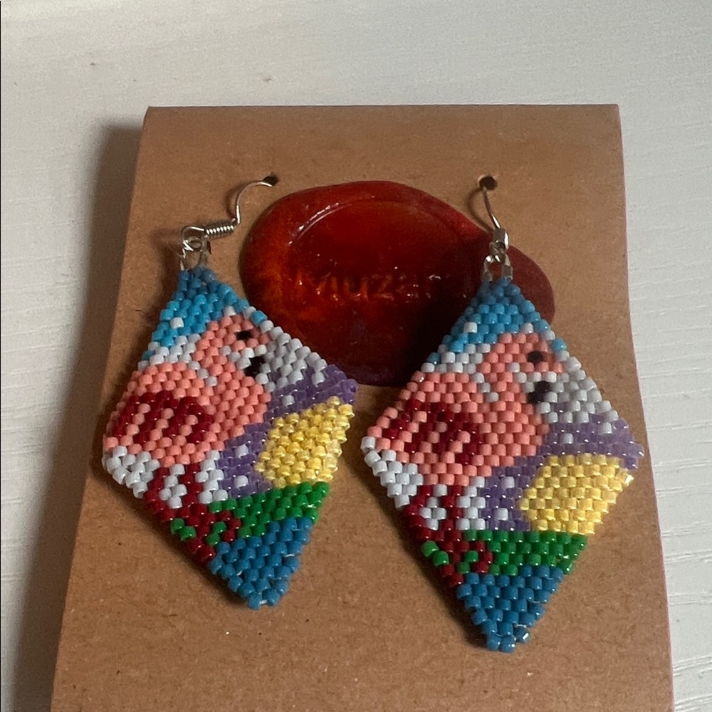 Handmade Blue & Pink Beaded Flamingo Earrings